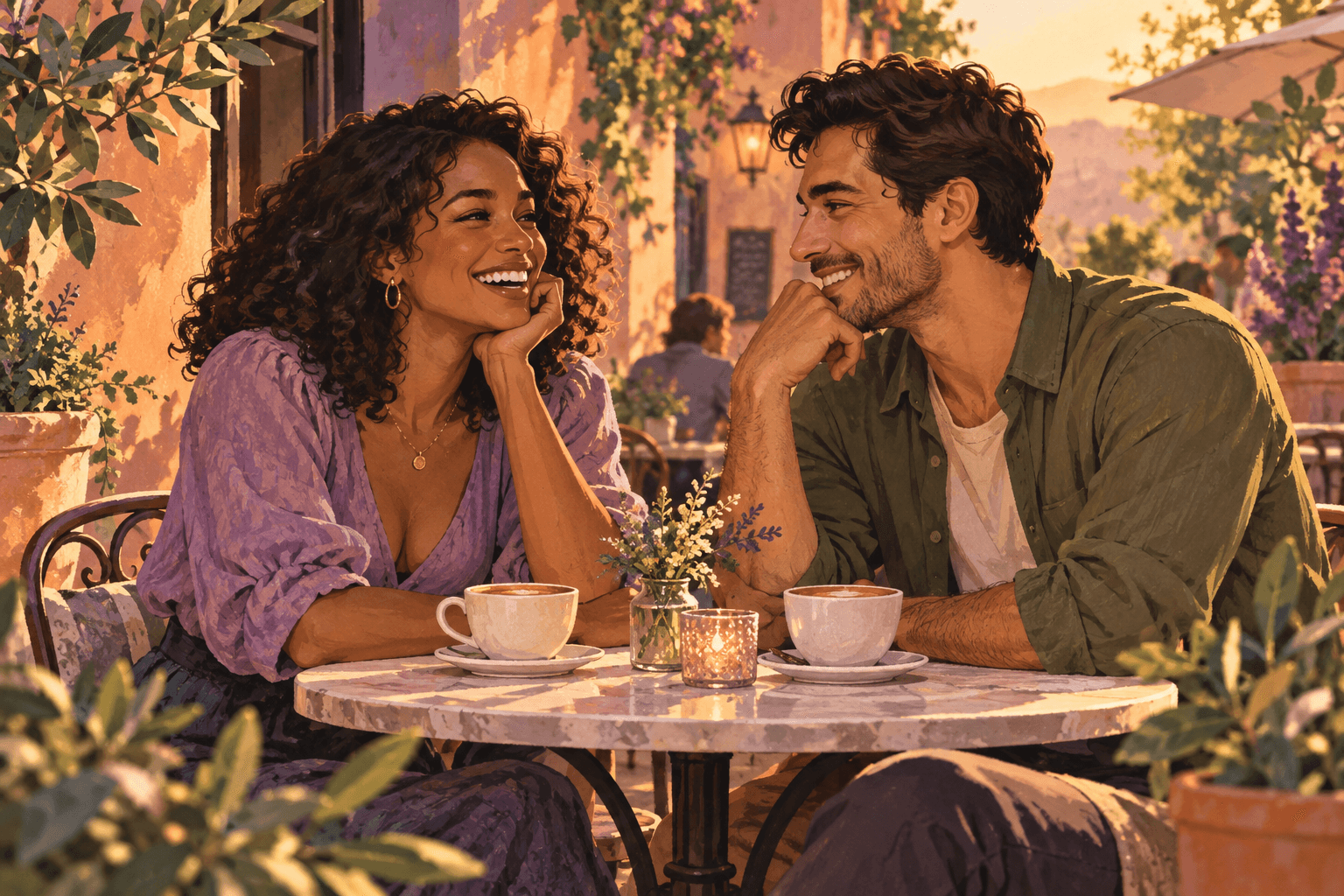 Illustration of a couple enjoying their first date at a sunlit outdoor café