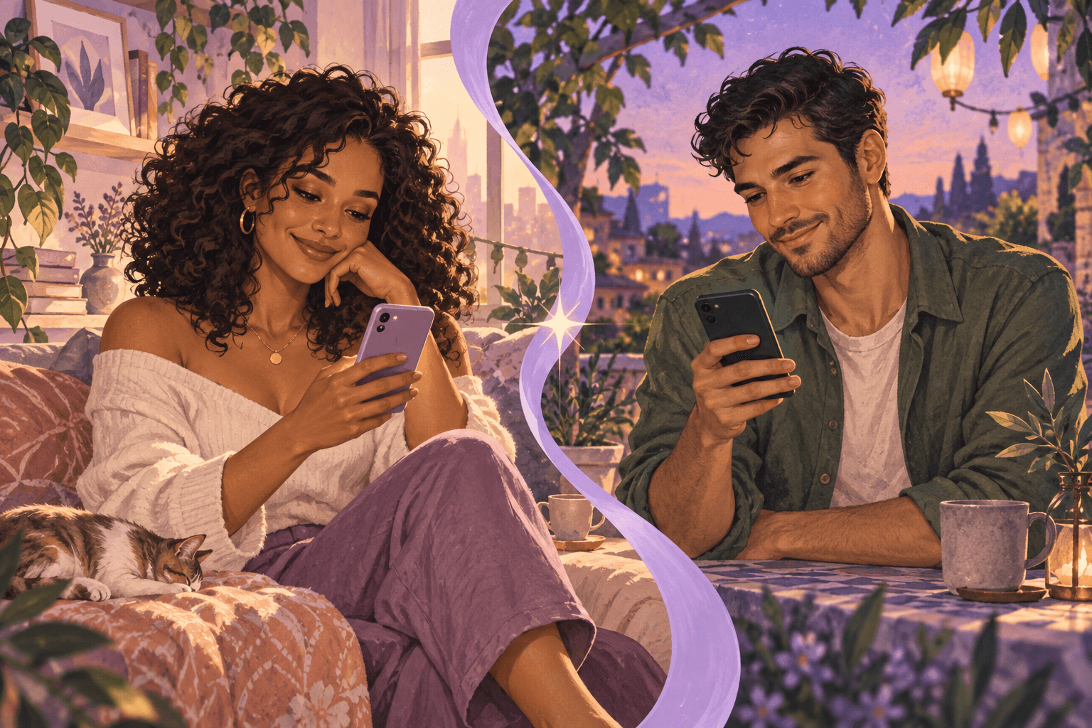 Illustration of two adults smiling at their phones in separate spaces, discovering a new connection